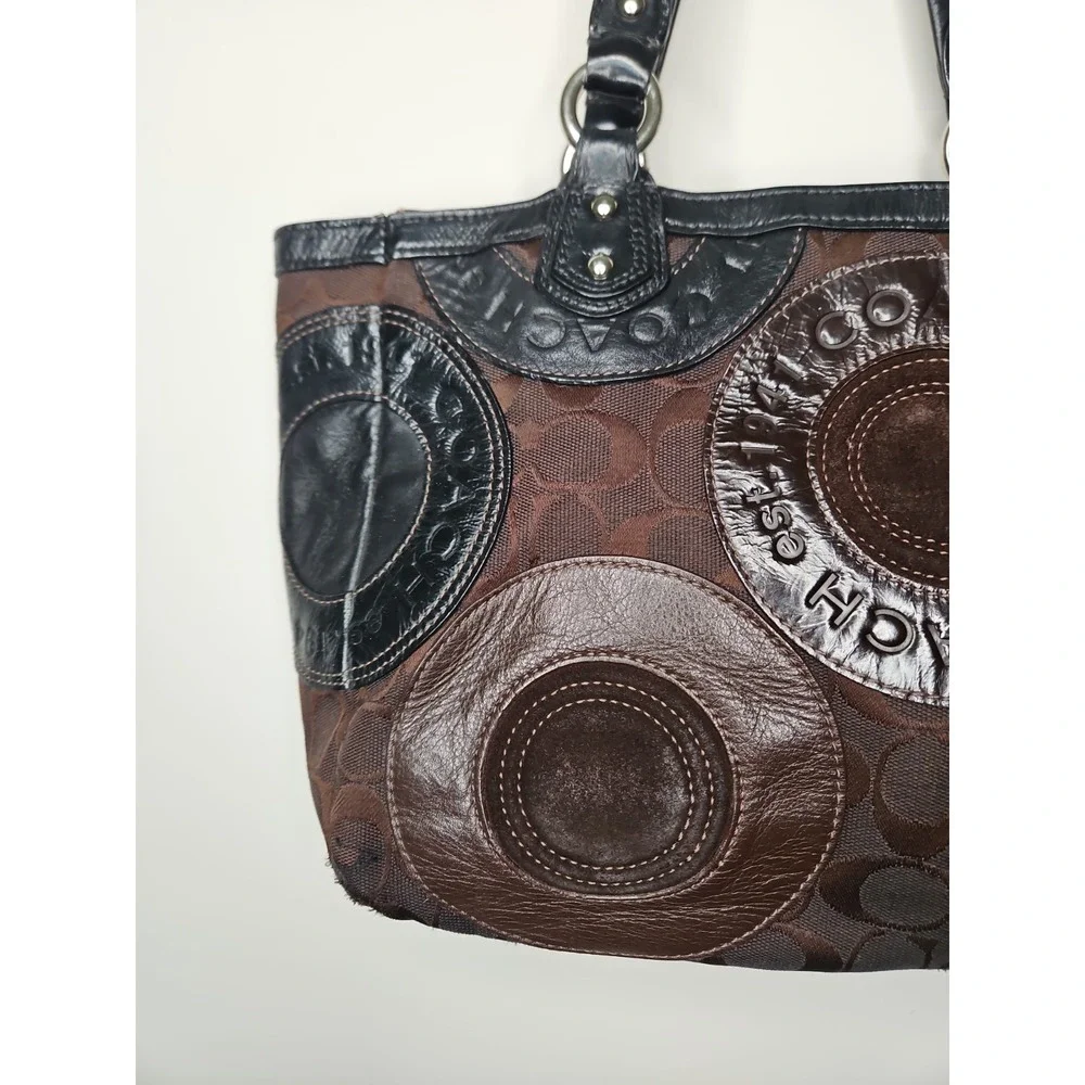 Coach Bag Circle Patchwork F15466 Brown Black Suede Leather East West Tote